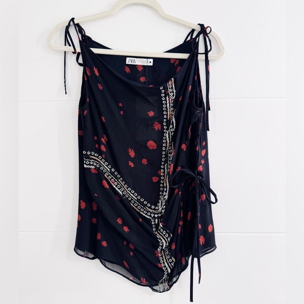 Zara Black Tie-Shoulder Printed Wrap Top - Black with Red Spots